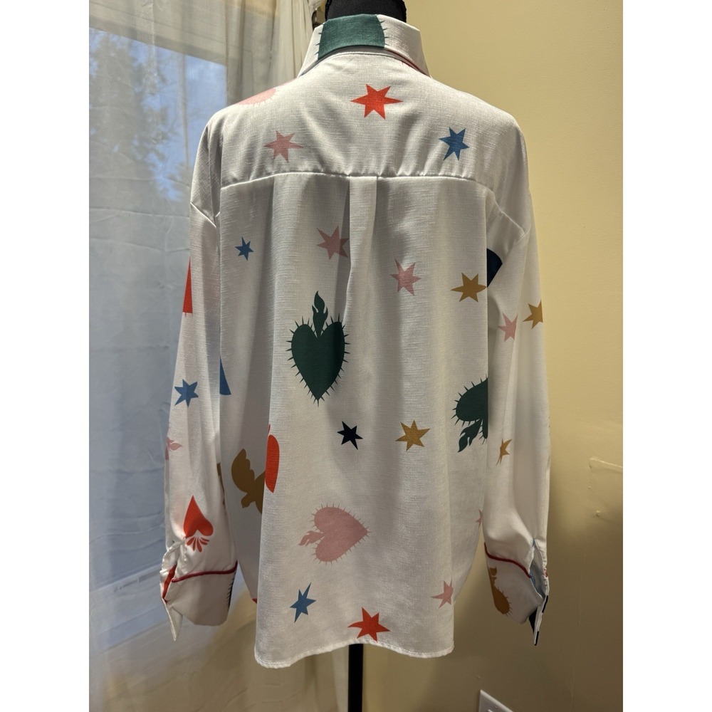 Women's White Multicolor Heart Stars Birds Collared Button-Front Long Sleeve L - Picture 4 of 6